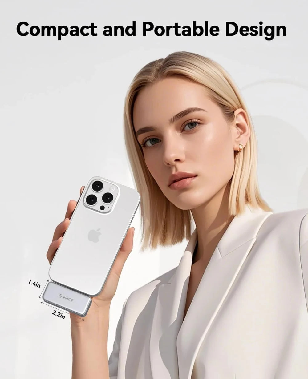 A blonde woman in a white blazer holds a slim silver phone case against a light gray background, with the text 'Compact and Portable Design' at the top and small dimension labels near the case.