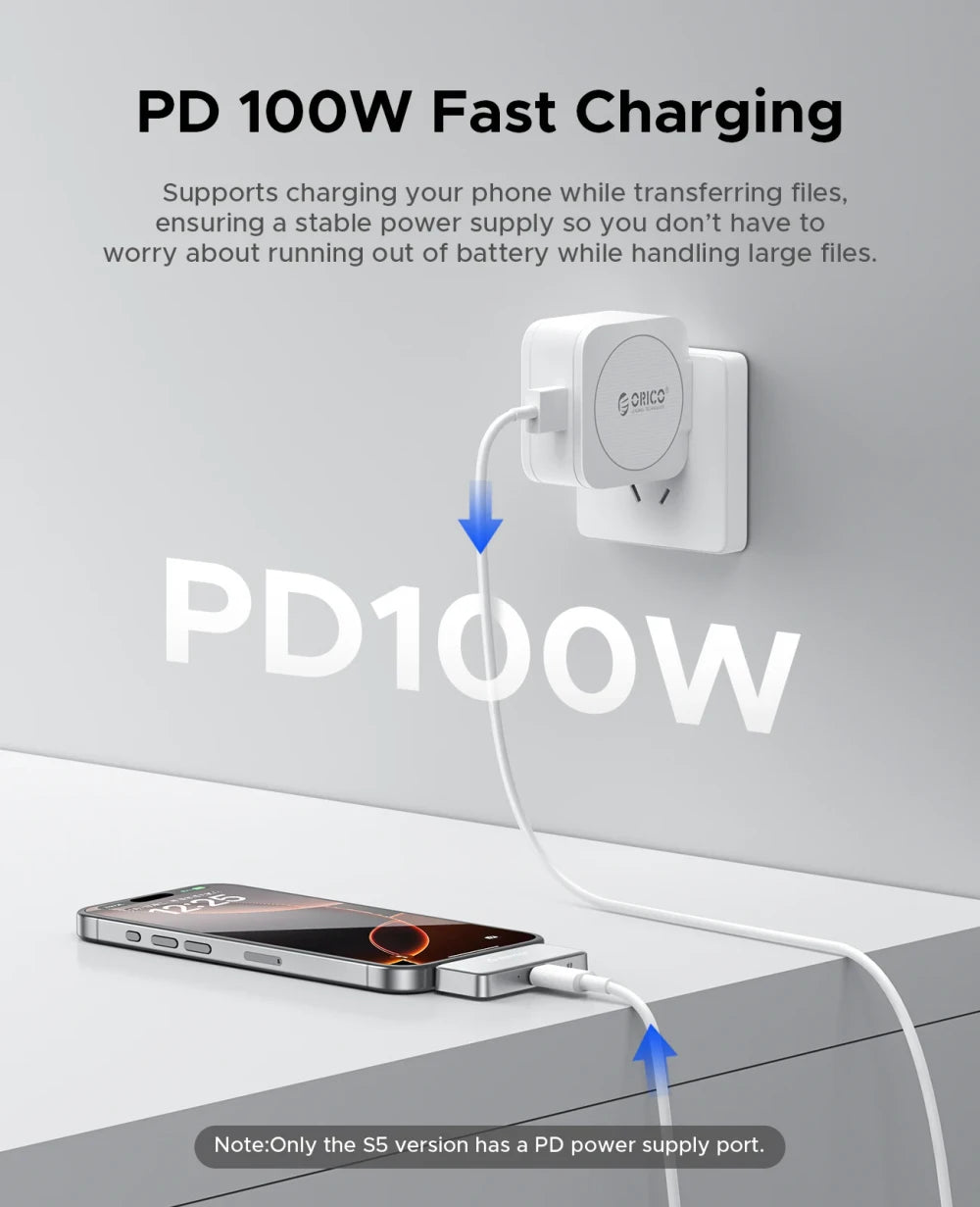 PD 100W fast charging adapter with smartphone on a gray background