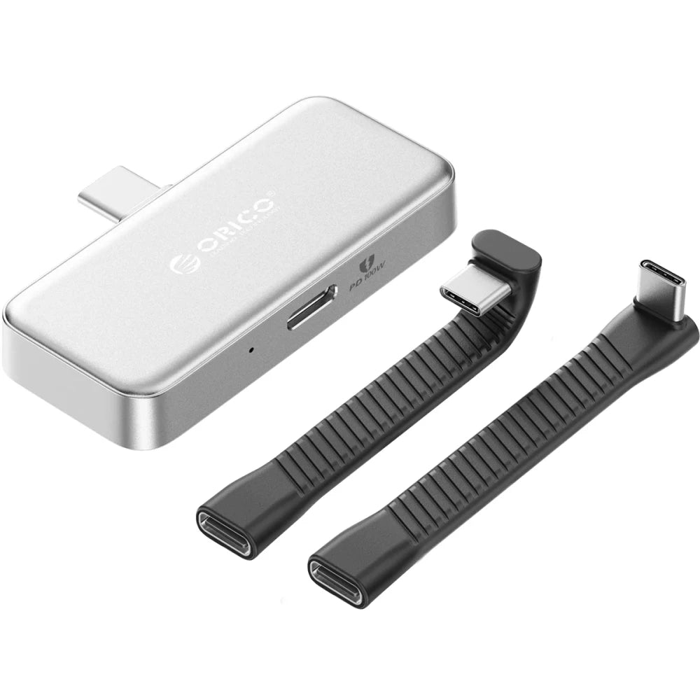 Silver adapter with two black connectors on a white background