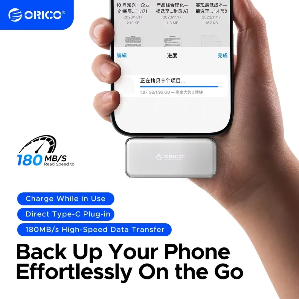 A hand holding a smartphone next to a small ORICO portable power bank, with promotional text highlighting fast charging and high-speed data transfer.