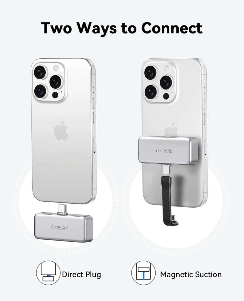 A product comparison graphic showing a silver rectangular phone accessory in two connection methods: 'Direct Plug' on the left and 'Magnetic Suction' on the right, under the heading 'Two Ways to Connect'. The image includes an iPhone for demonstration purposes.