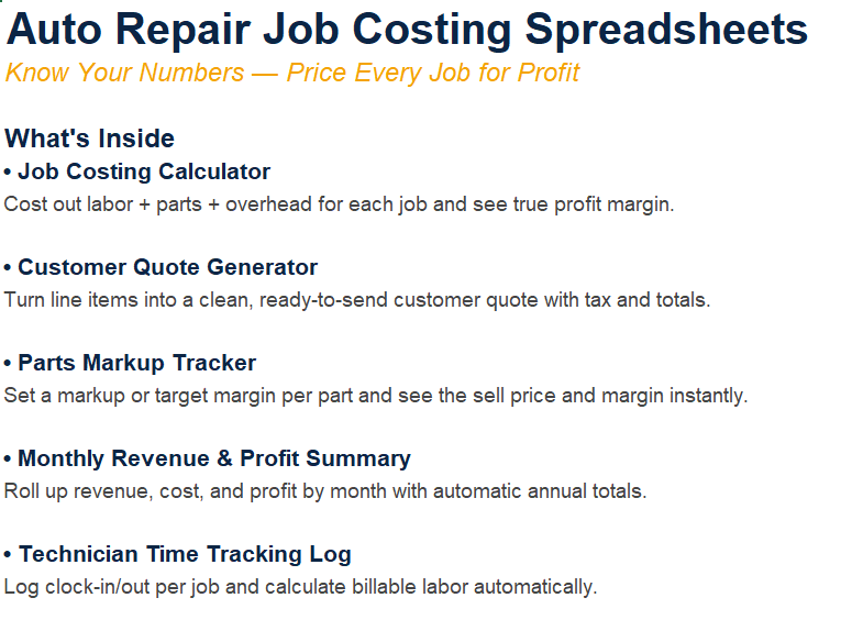 Auto Repair Job Costing Spreadsheets