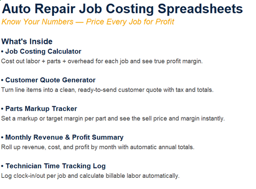 Auto Repair Job Costing Spreadsheets