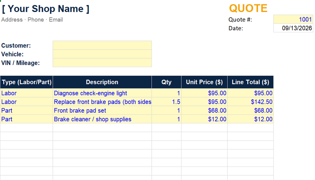 Auto Repair Job Costing Spreadsheets
