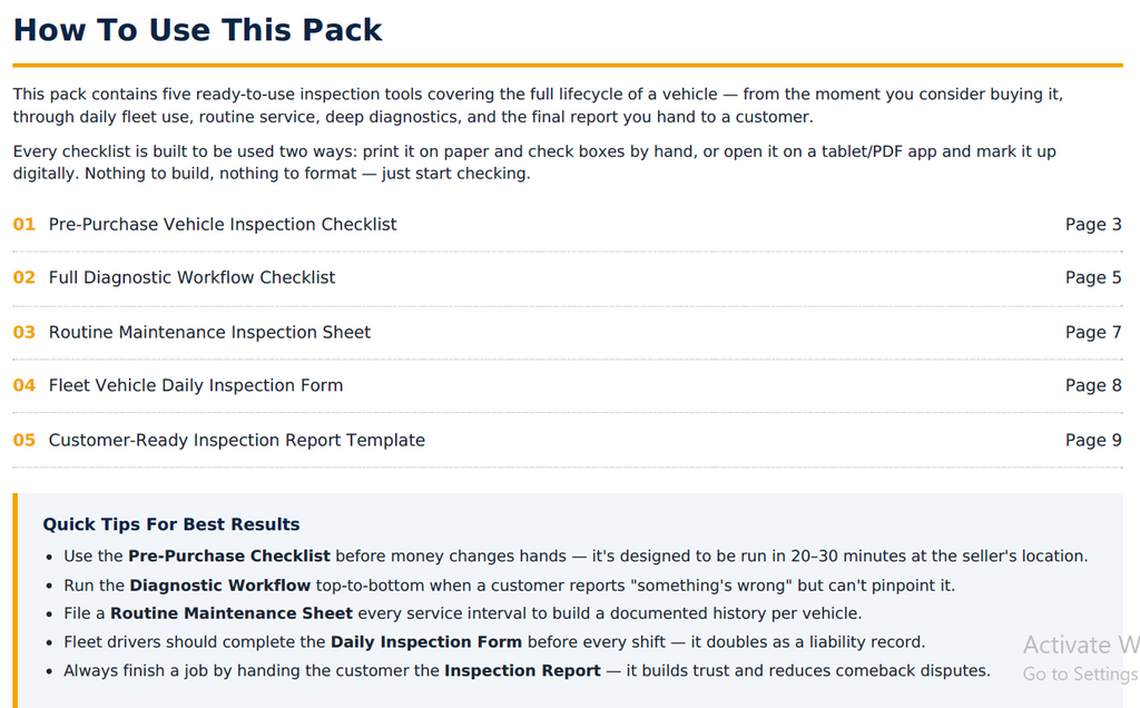 Vehicle Inspection & Diagnostic Checklists
