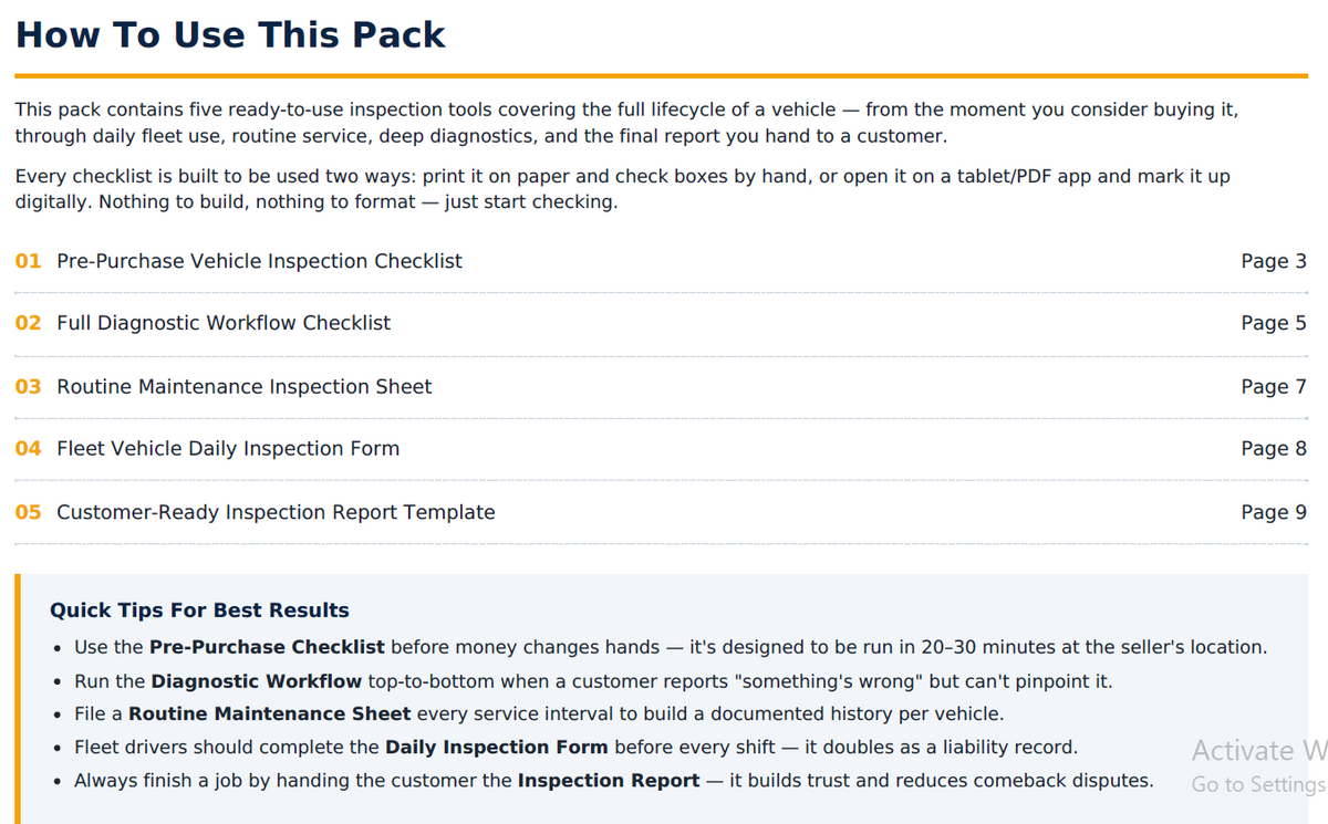 Vehicle Inspection & Diagnostic Checklists